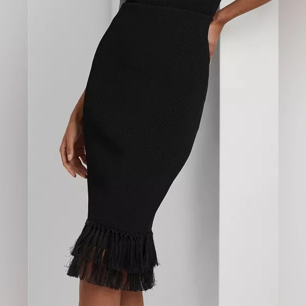 nwt $225 Lauren Ralph Lauren Rib-Knit Pencil Skirt with Fringe-Trim Black Small - Picture 9 of 15